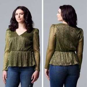 SIMPLY VERA VERA WANG Puff Sleeve‎ Peplum Top in Black Gold Metallic